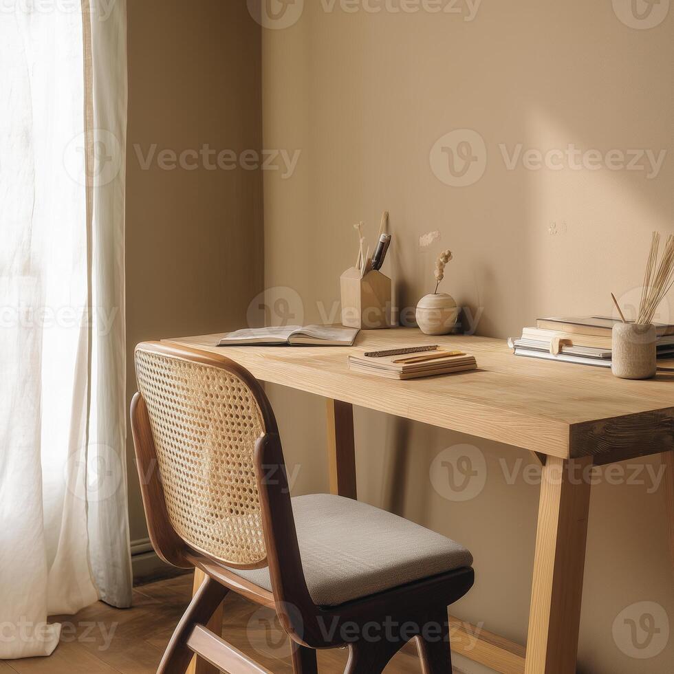 cozy desk made of natural wood with minimalist design, featuring books and decorative items, creating warm atmosphere photo