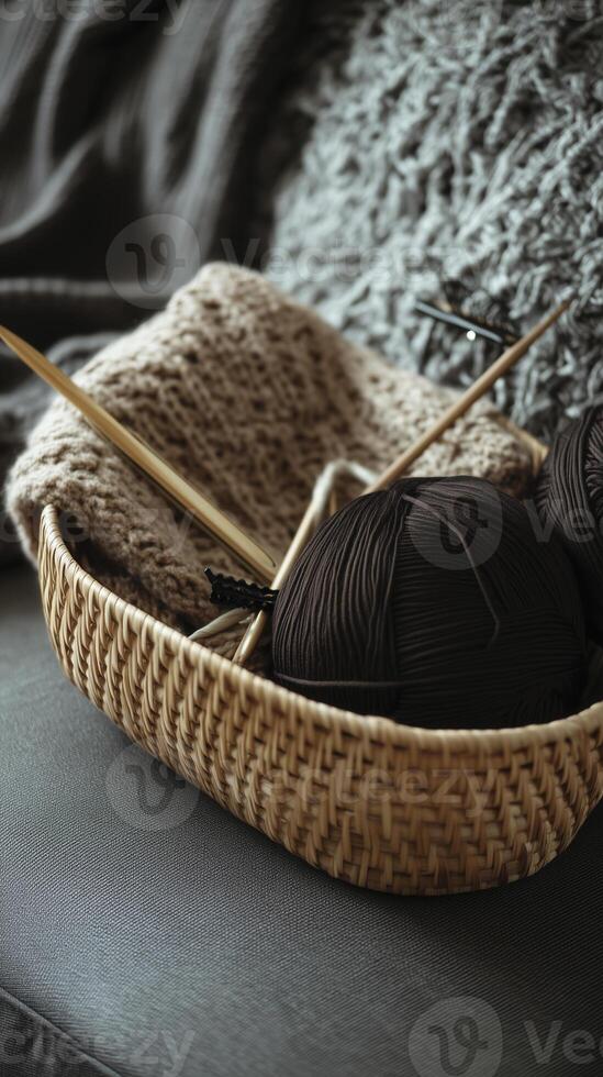 cozy bamboo basket filled with dark yarn, knitting needles, and soft knitted blanket on sofa, creating warm crafting atmosphere photo
