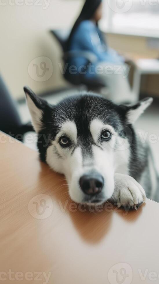 black and white husky dog resting its head on table, looking curiously at camera, with person in background photo