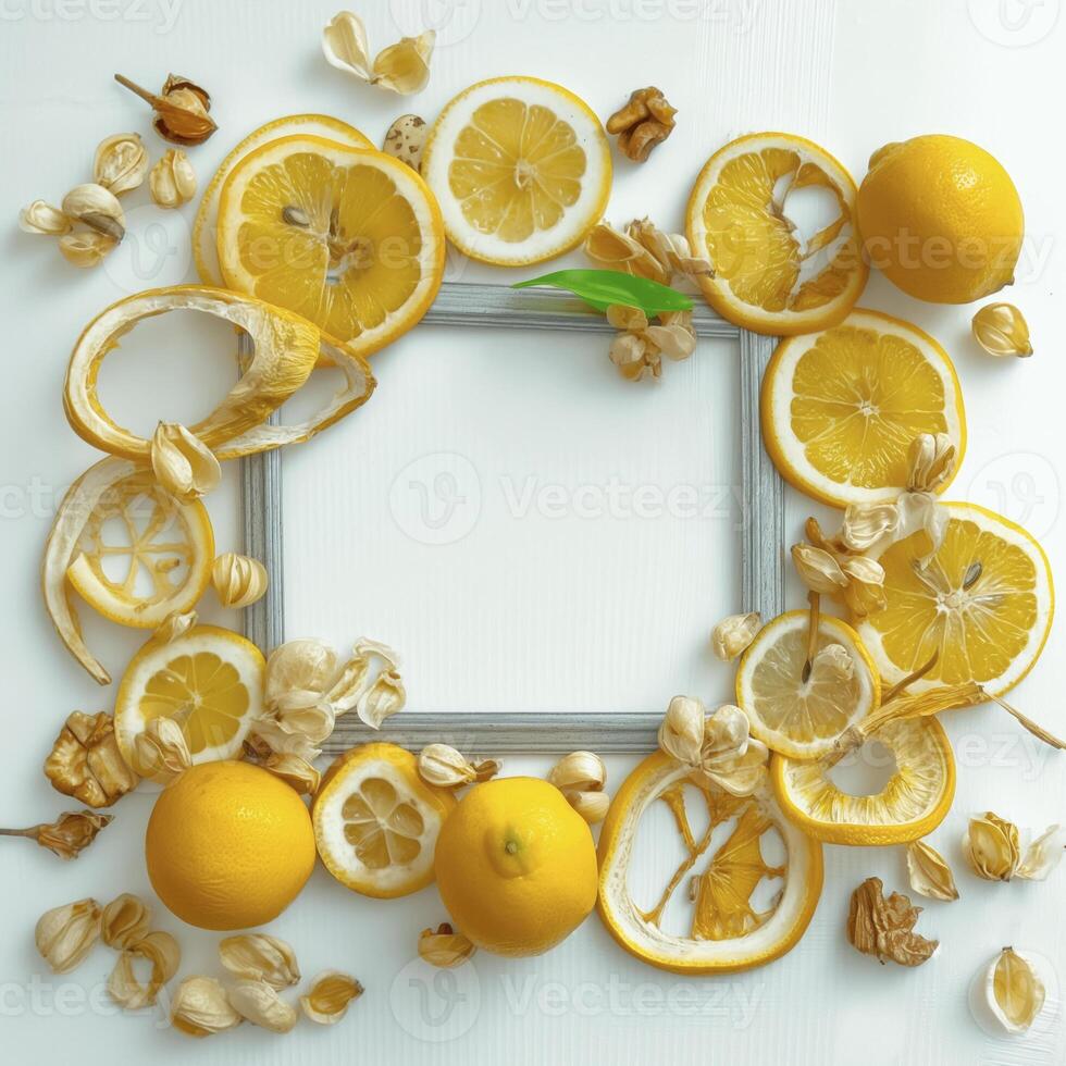 Lemon slices and whole lemons create vibrant frame on white background, evoking freshness and zest photo