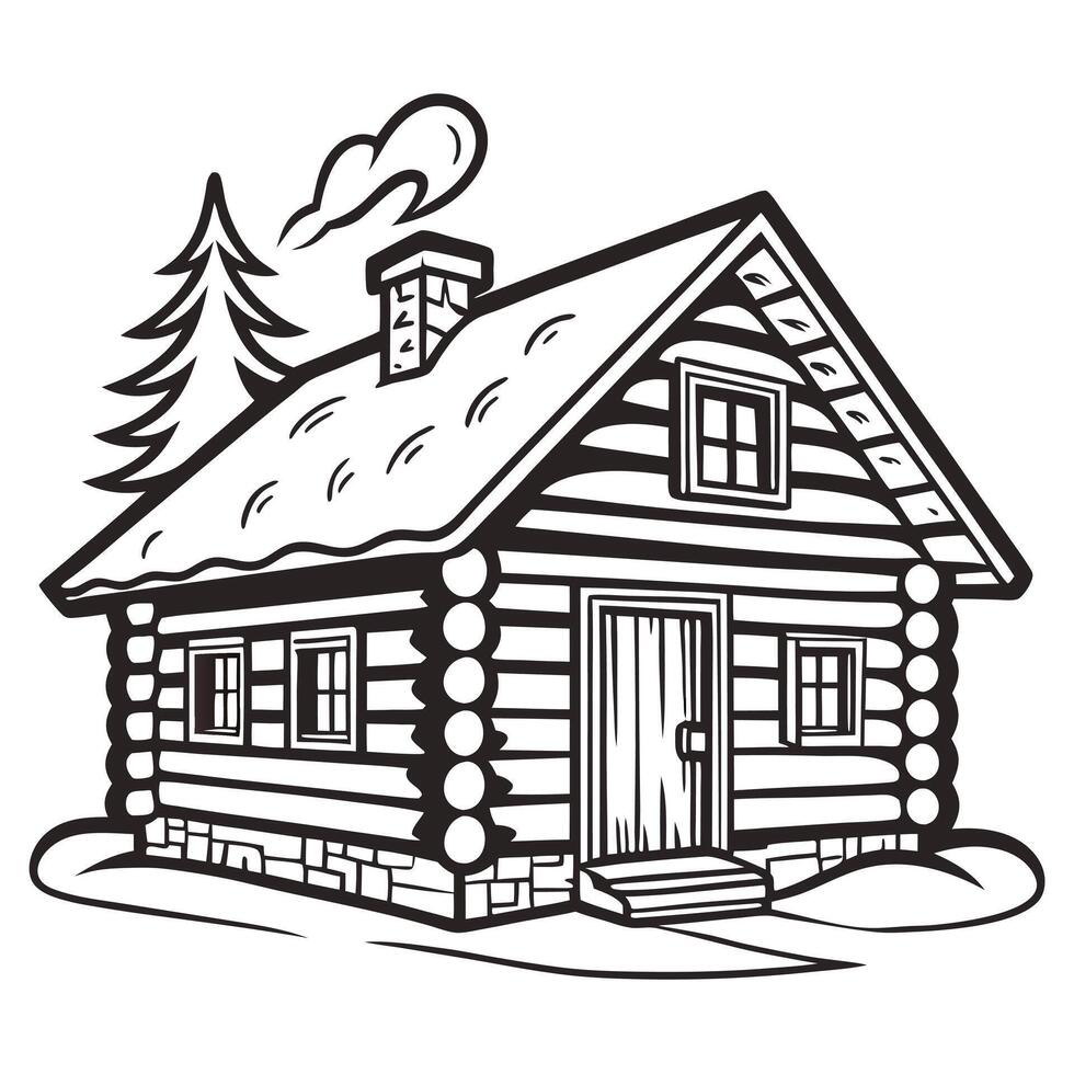 Monochrome Log Cabin In A Forest vector