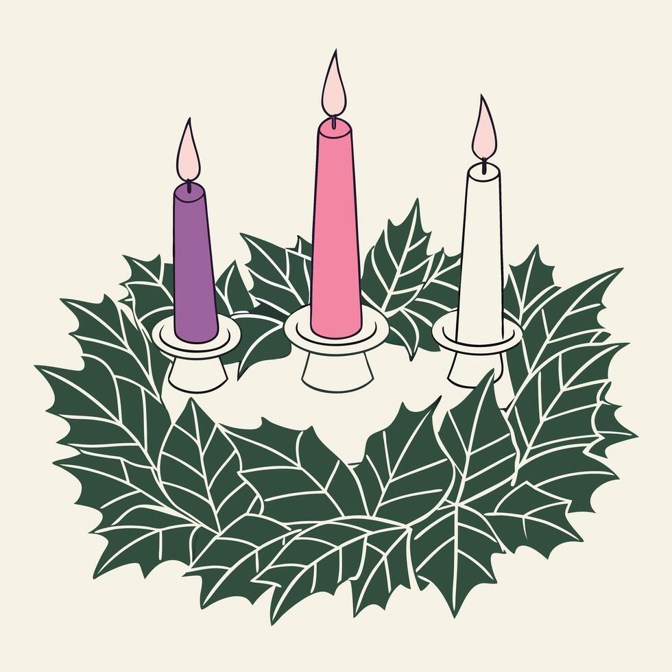 Three Advent Candles With Holly Wreath vector