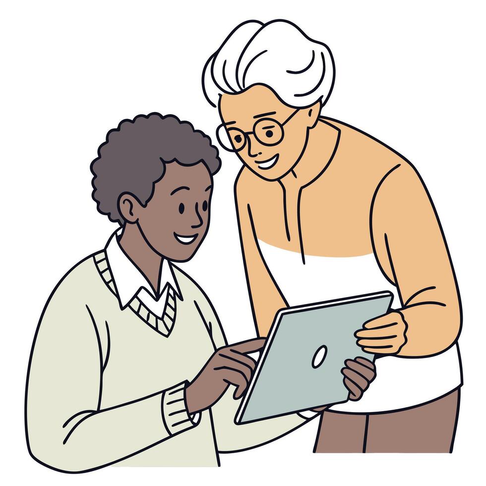 Two Diverse Coworkers Collaborating On Tablet Illustration vector