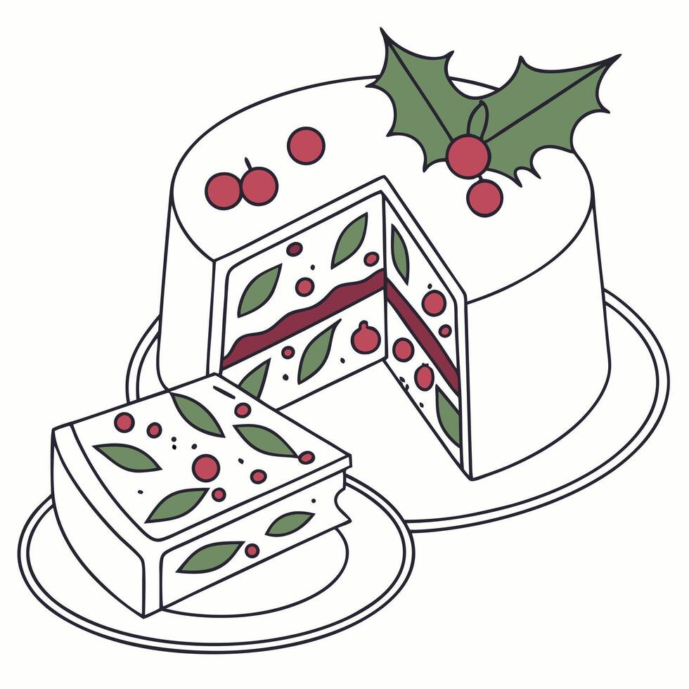 Festive Christmas Cake With Slice And Holly vector
