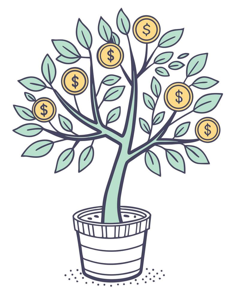 Money Tree With Dollar Coins In Pot vector