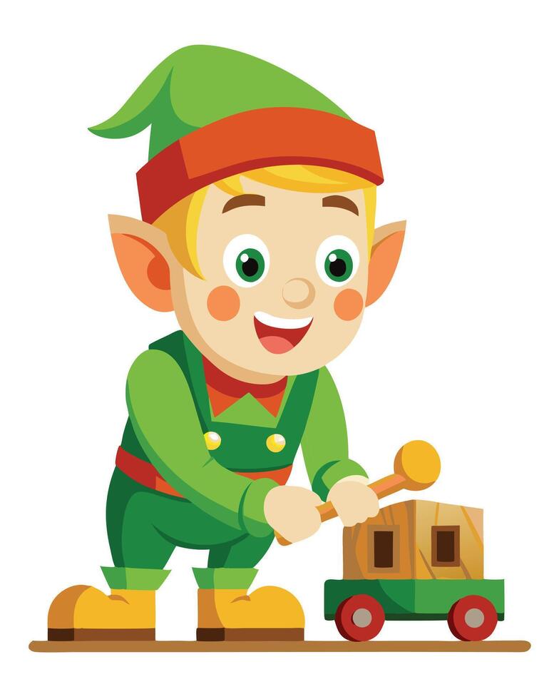 Elf Playing With A Wooden Toy Car vector