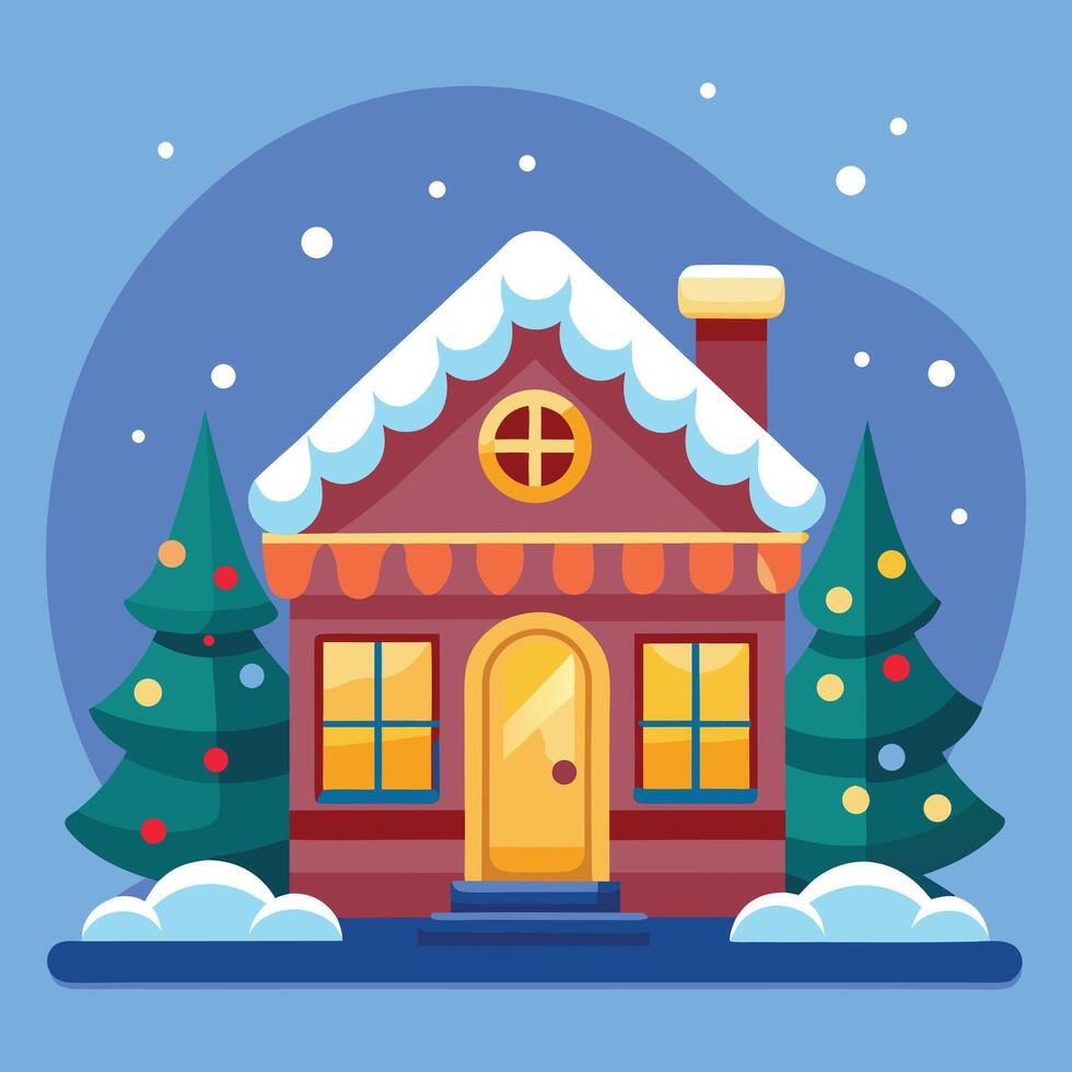 Winter House Christmas Trees Snowfall Flat Design vector