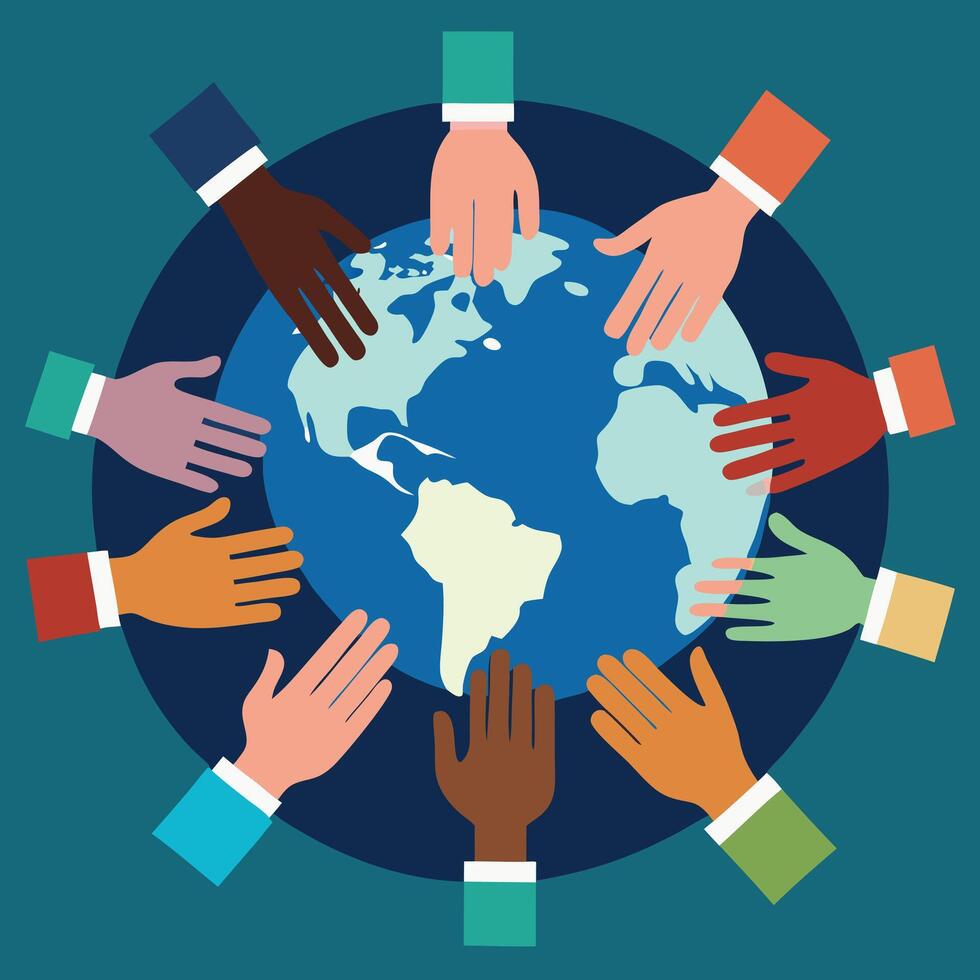 Diverse Hands Around World Unity Concept vector