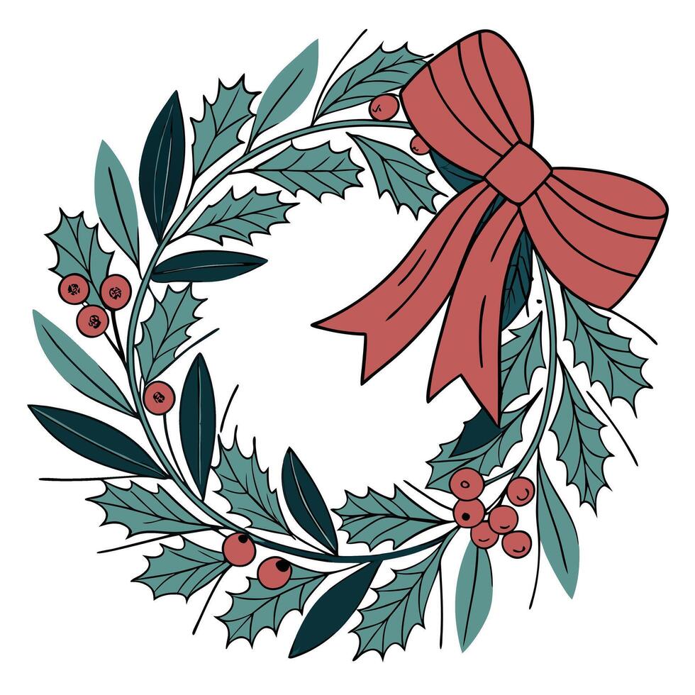 Festive Christmas Wreath With Red Ribbon Bow vector