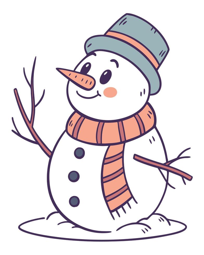 Cute Cartoon Snowman With Scarf And Hat vector