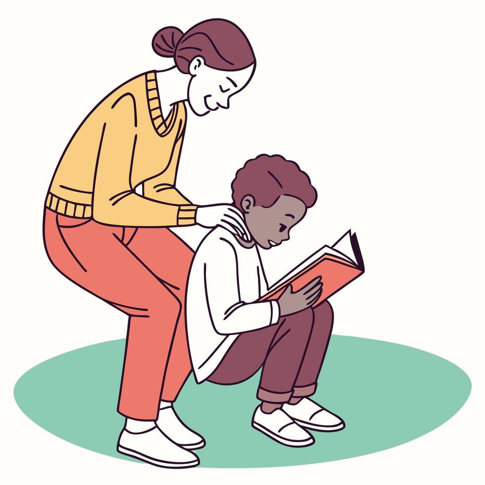 Mother Supporting Her Child With Reading vector