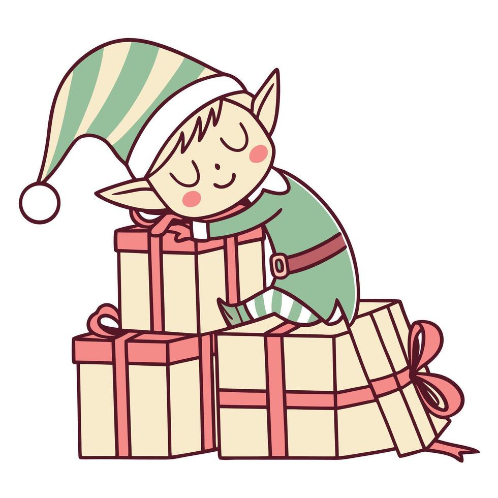 Sleeping Elf On Christmas Presents Illustration vector