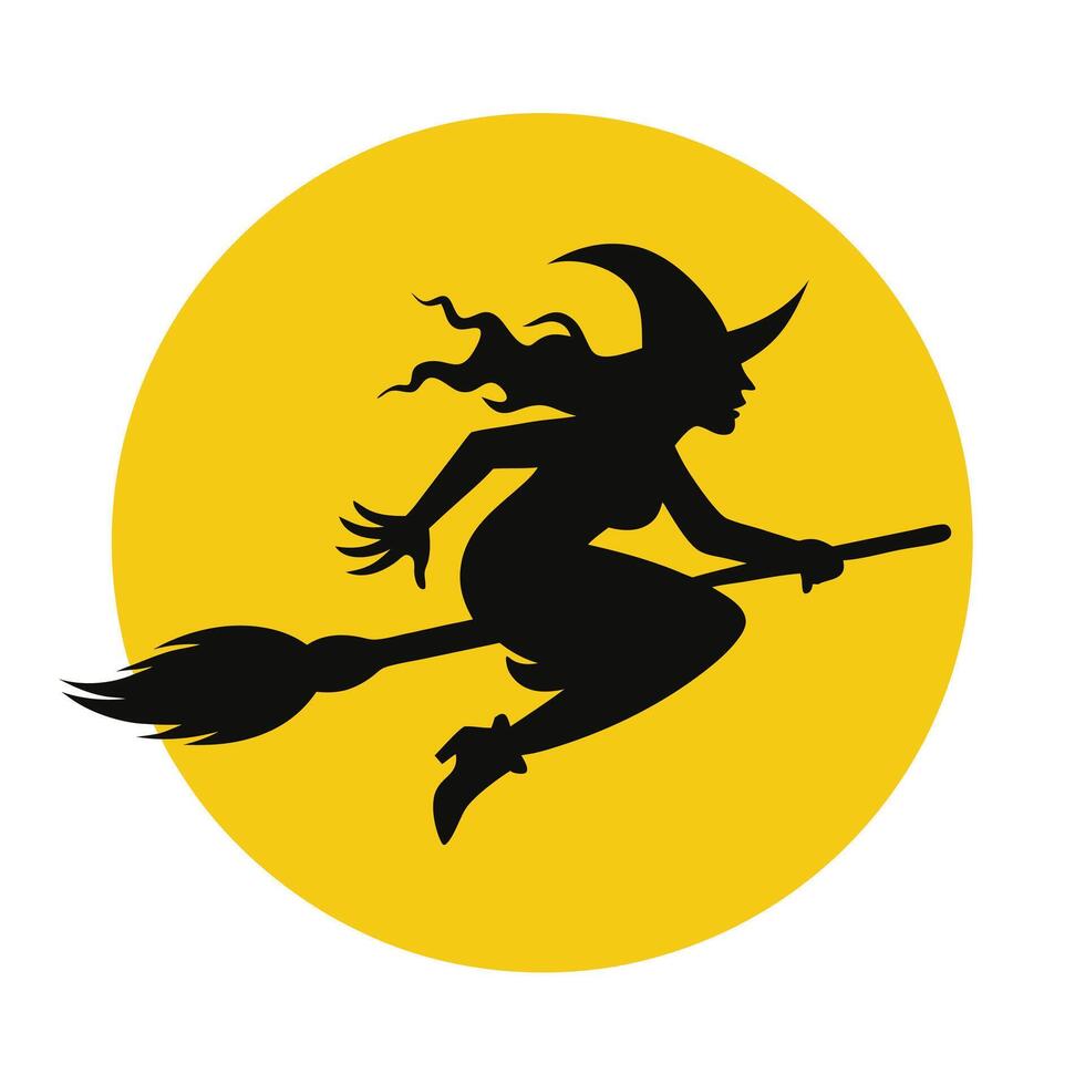 Witch Riding Broom Against Yellow Moon vector