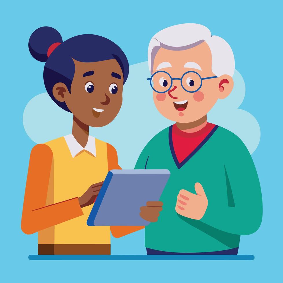 Woman Helping Senior Man With Tablet vector