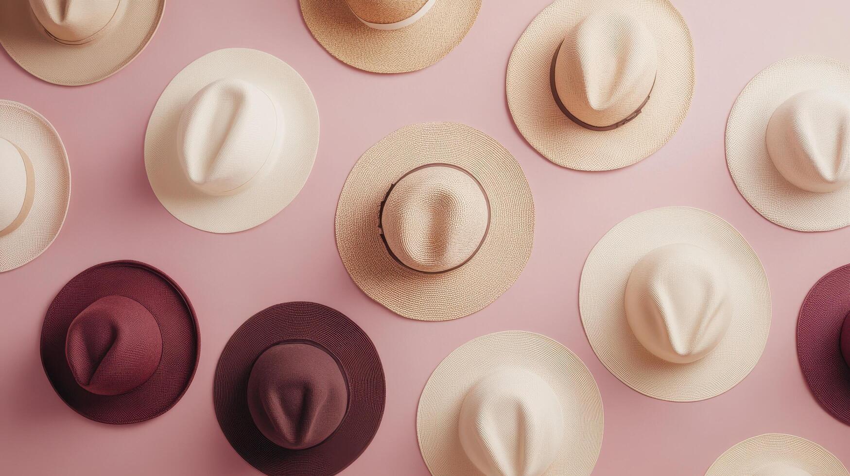 Many different types of hats are arranged on a pink background photo