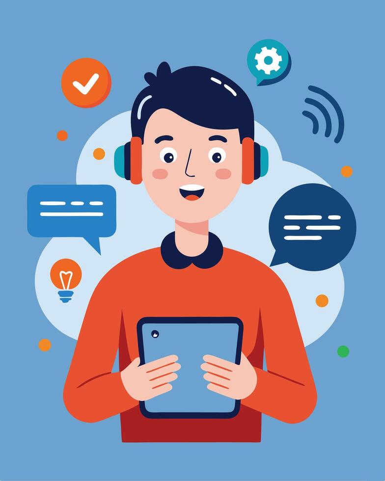 Man Uses Tablet For Online Communication vector