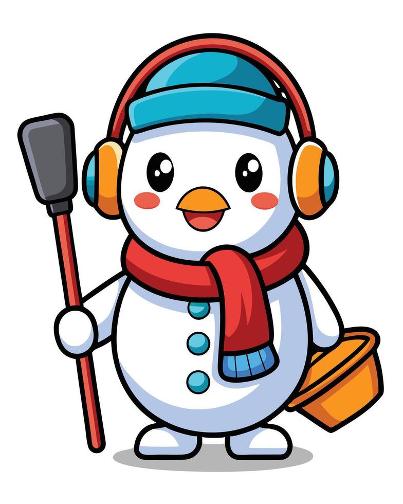 Cute Cartoon Snowman With Earmuffs And Shovel vector