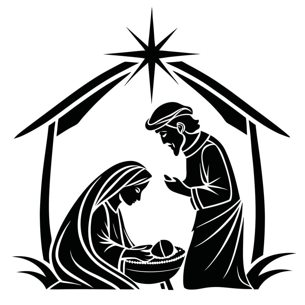 Nativity Scene Holy Family Black And White vector