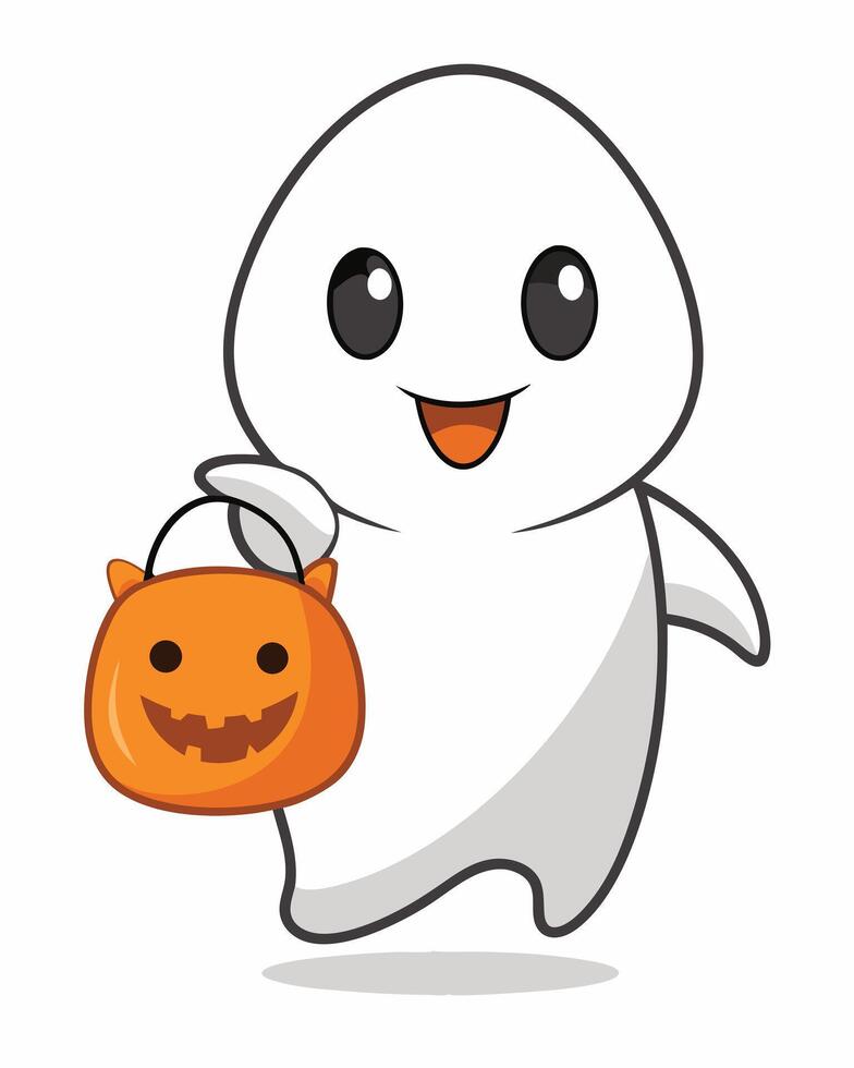 Cute Cartoon Ghost With Pumpkin Bucket vector