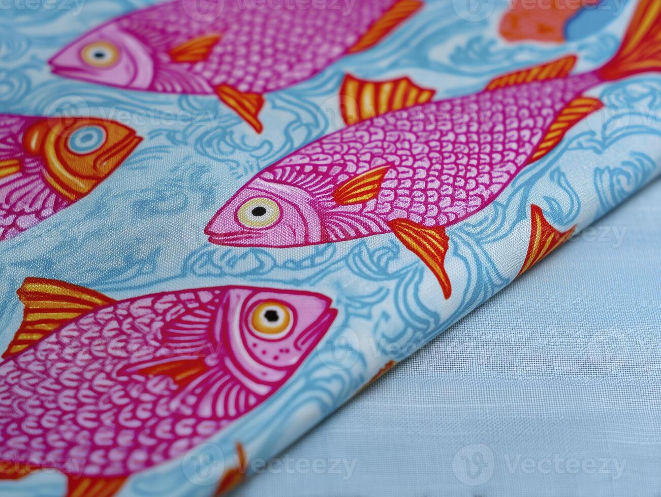 Vibrant fabric featuring colorful fish patterns in pink and orange against blue background, perfect for creative projects photo