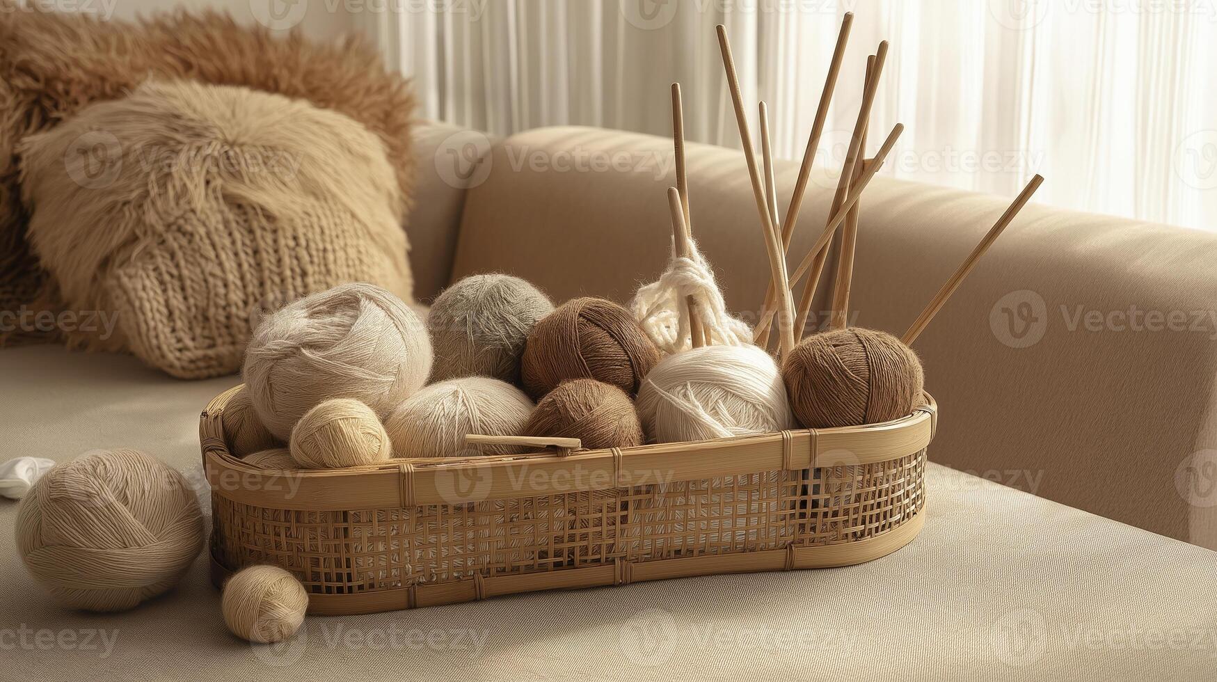 bamboo basket filled with various yarn balls and knitting needles rests on cozy sofa, creating warm and inviting atmosphere photo