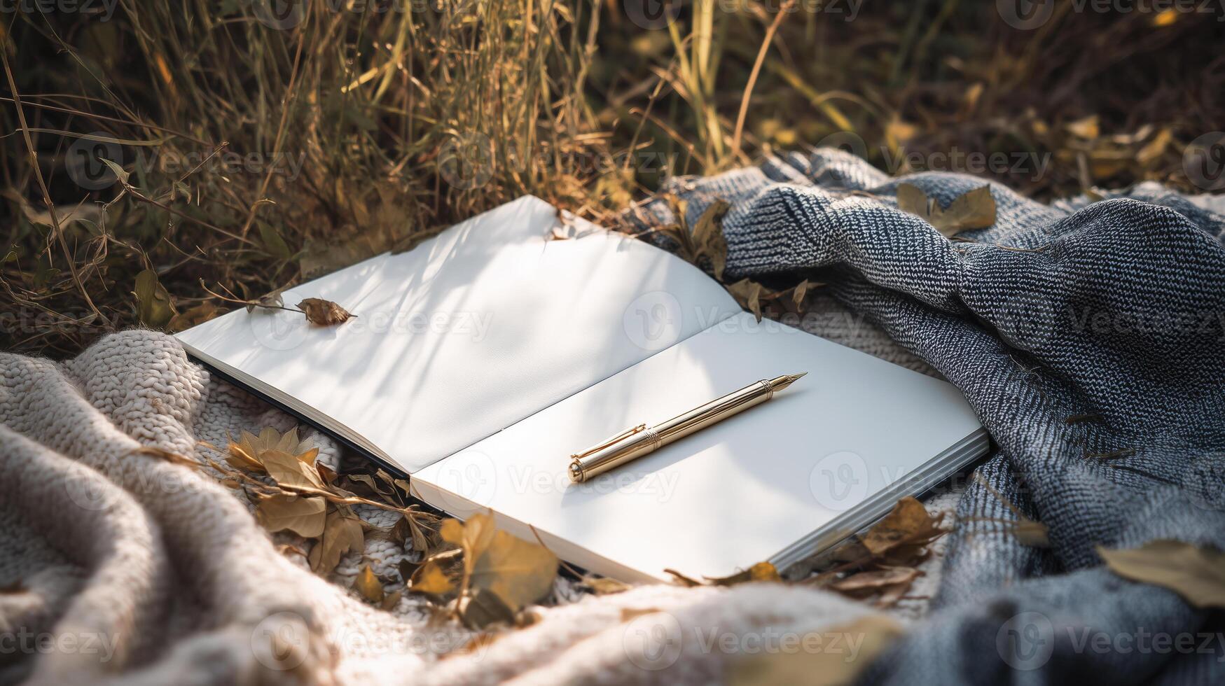 serene scene featuring open notebook with blank pages resting on cozy blanket surrounded by autumn leaves. golden pen adds touch of elegance photo