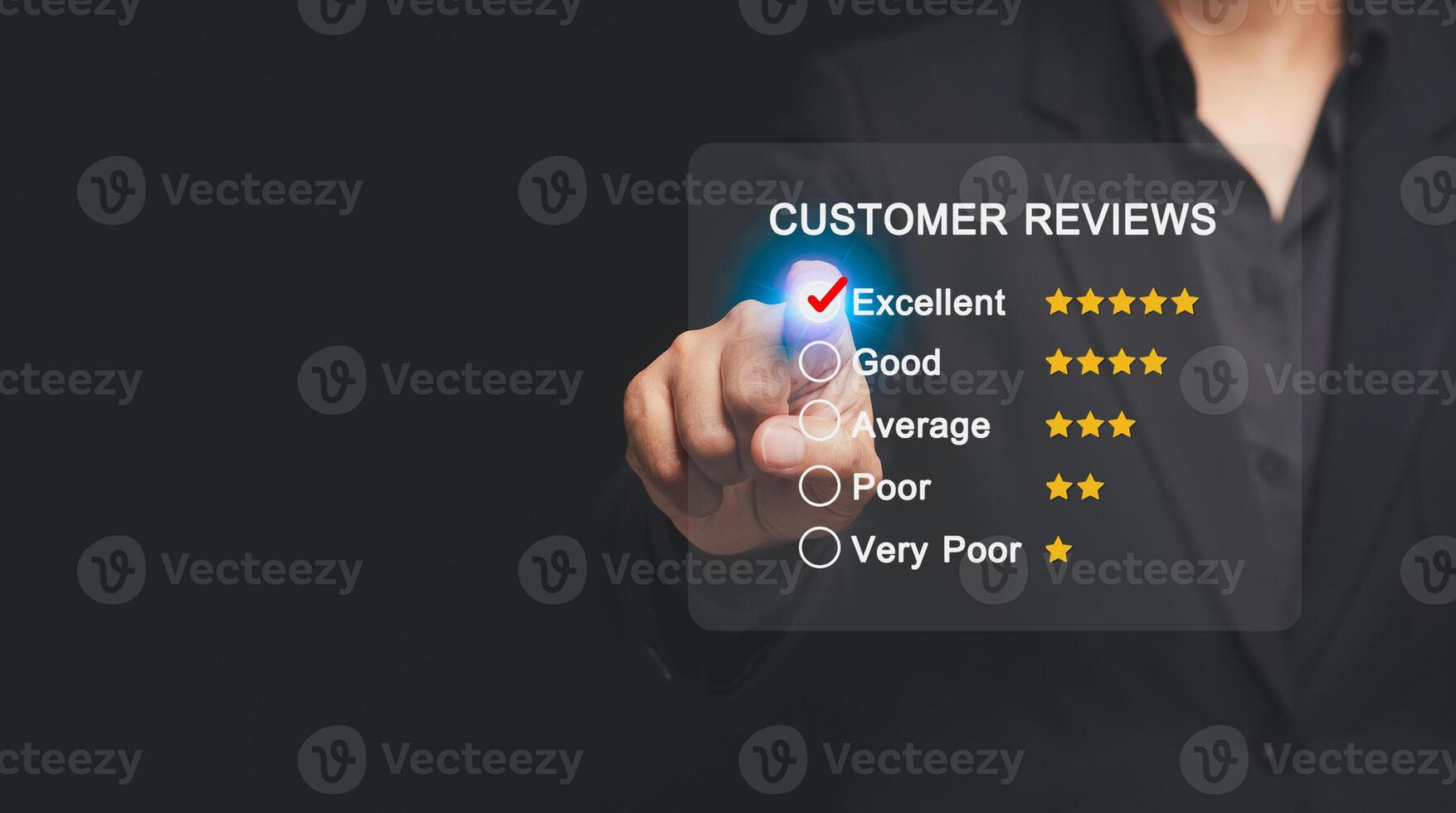 Businessman in a suit points to an excellent rating of very impressed for service on a virtual screen photo