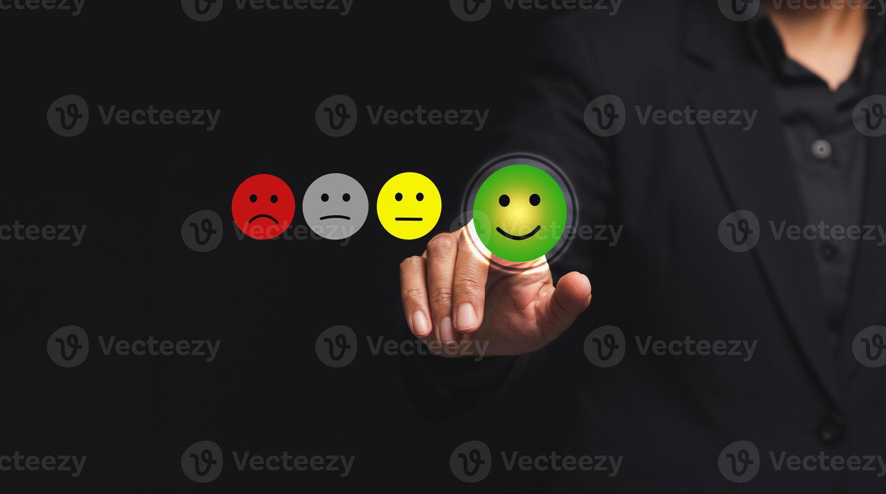 Positive feedback concept. Choosing a green happy mood icon rating review in the survey of customer satisfaction on a virtual screen. photo