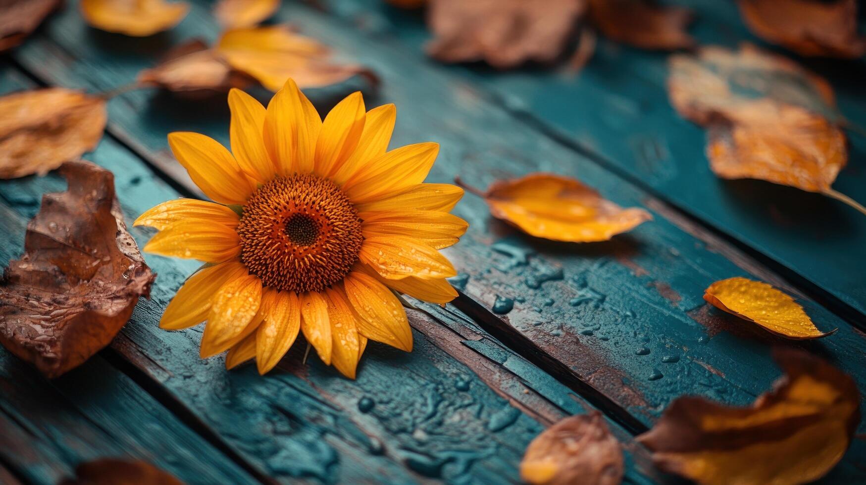 Autumn sunflower on wooden table with autumn leaves photo