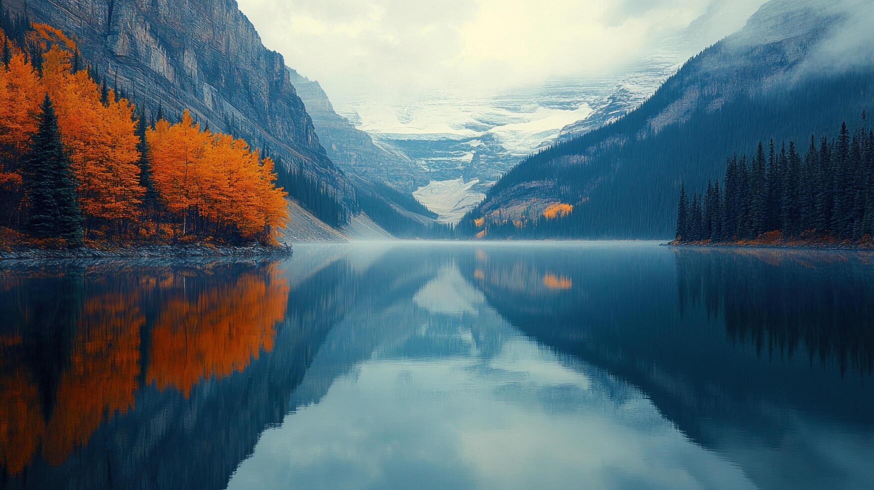 A lake surrounded by mountains and trees photo