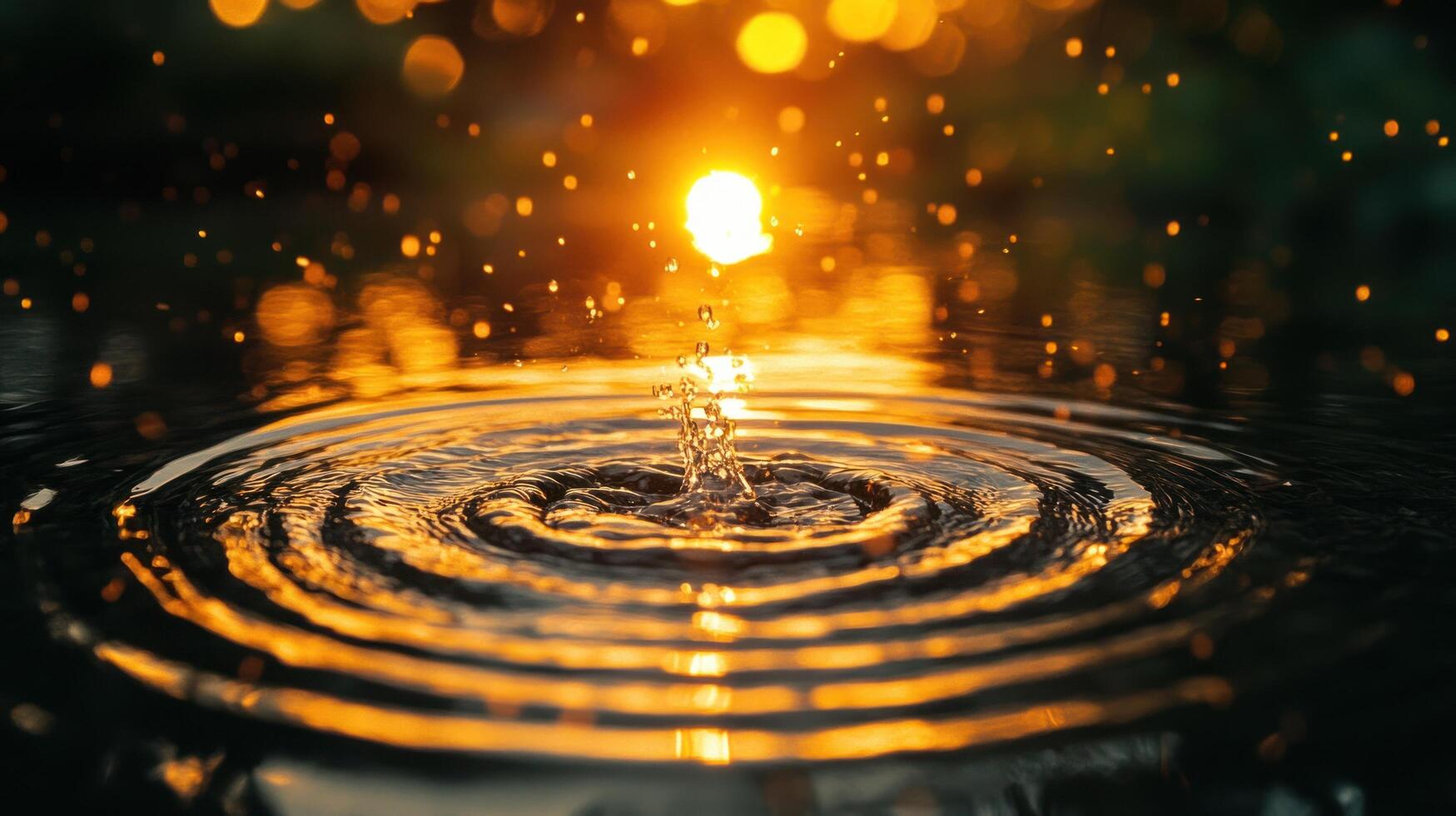 Water droplets falling into a pond at sunset photo
