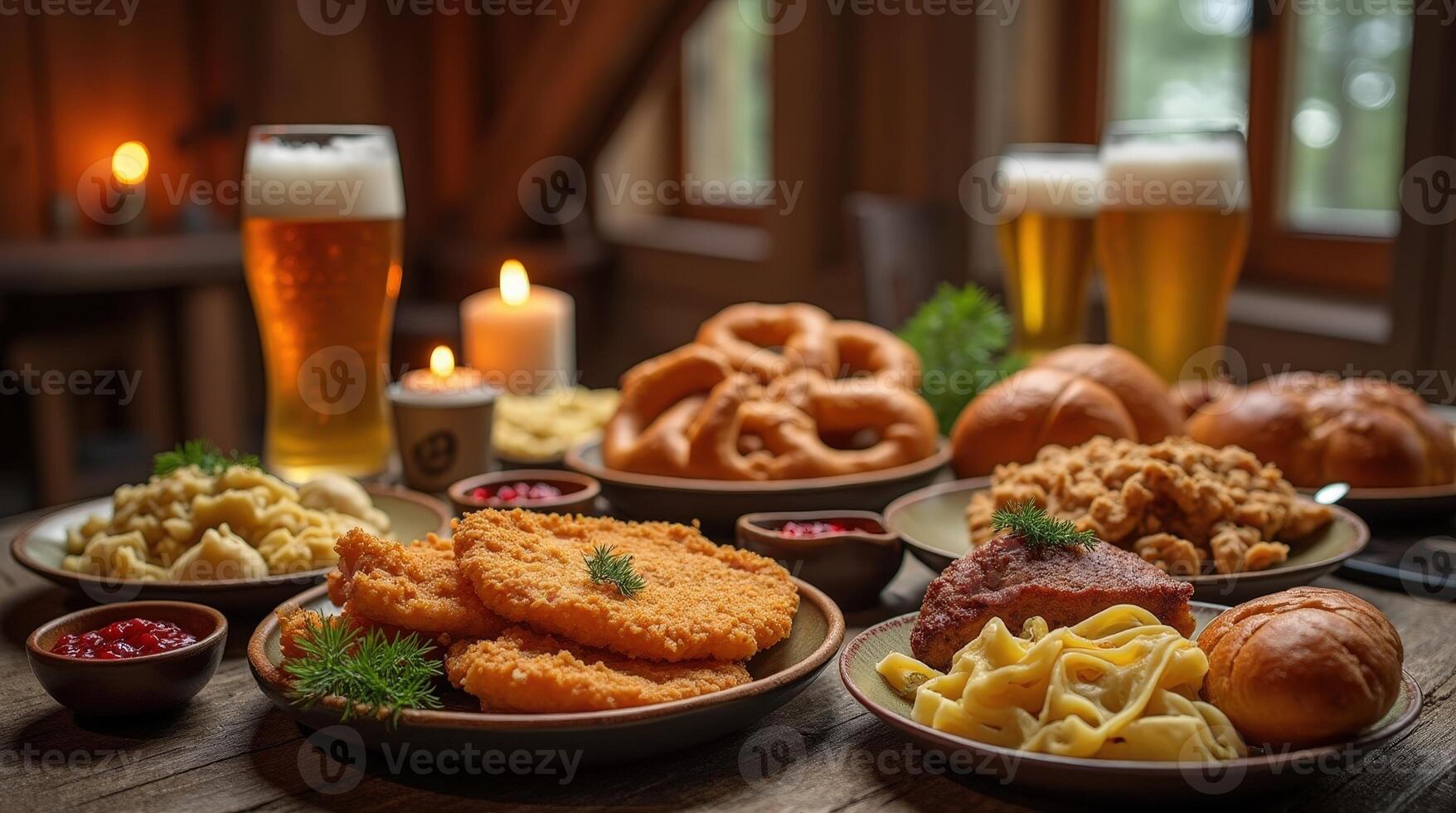 Authentic Austrian alpine feast featuring traditional dishes and beverages photo