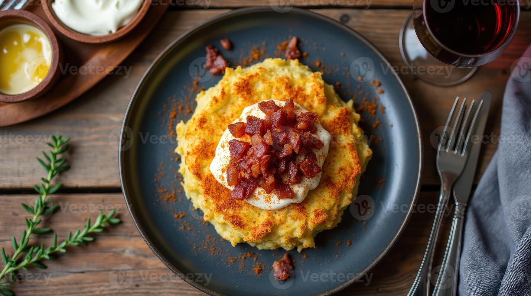 Delicious Andorran cabbage and potato pancake served with toppings photo