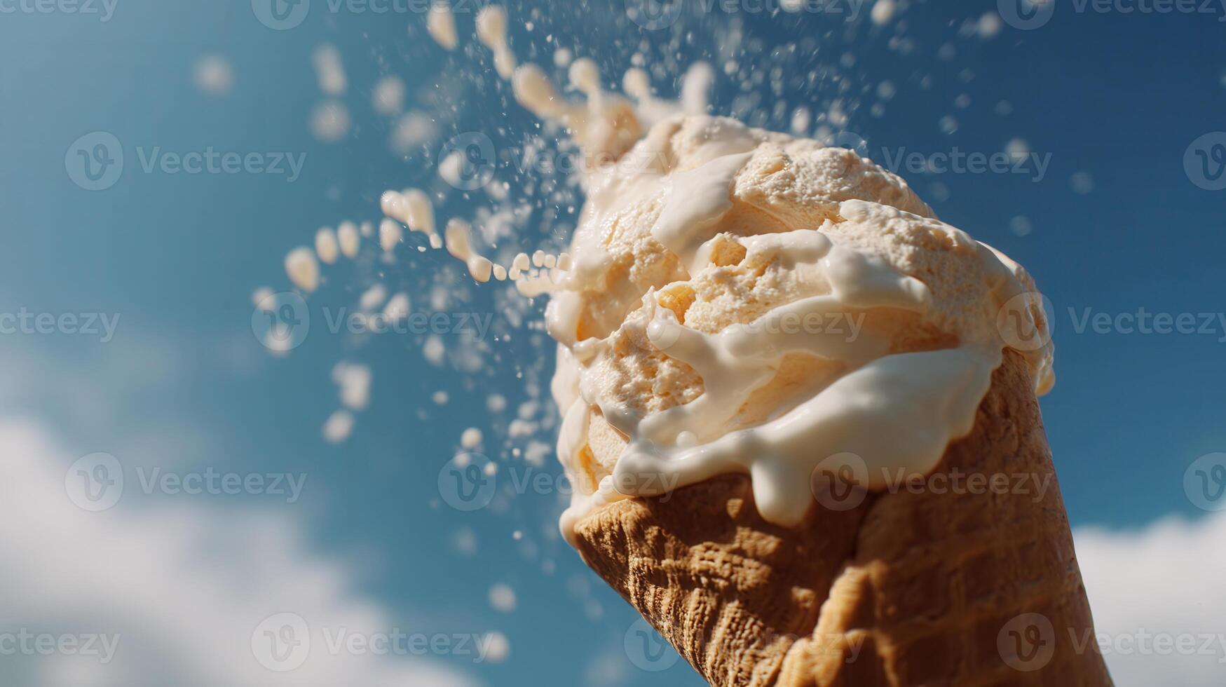 Caramel ice cream in a crunchy waffle cone melting under a sunny sky, captured in a fresh low-angle shot Perfect for summer-themed branding, dessert campaigns, and food visuals. photo