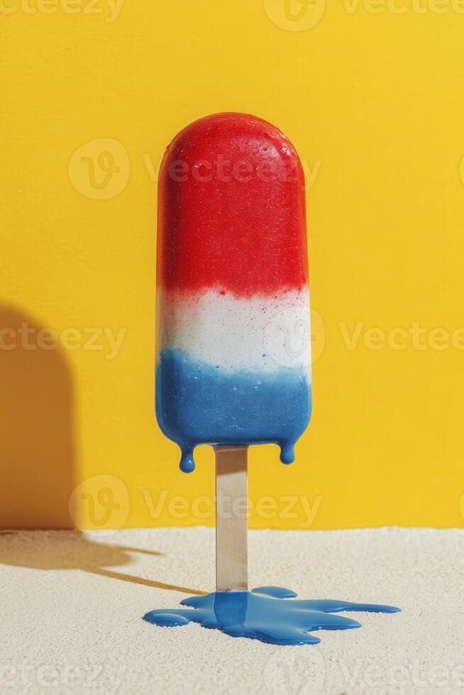 A vibrant tricolor popsicle slowly melting against a bold yellow backdrop. Great for summer-themed designs, refreshing dessert promotions, or playful advertising visuals. photo