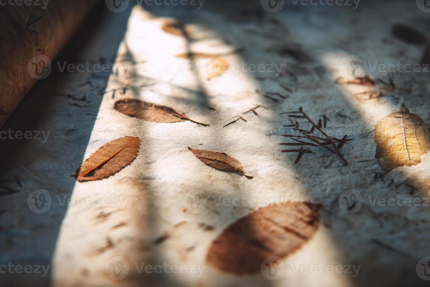 Dried autumn leaves and twigs on rough handmade paper, illuminated by soft sunlight and casting gentle shadows. Ideal for natural design, eco packaging, and artistic flat lays. photo