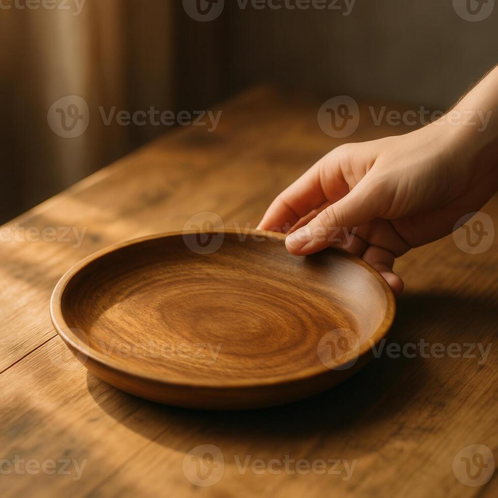 A hand reaching for a minimalist wooden plate on a rustic table, bathed in natural warm light. Ideal for kitchenware branding, cooking visuals, and cozy lifestyle concepts. photo