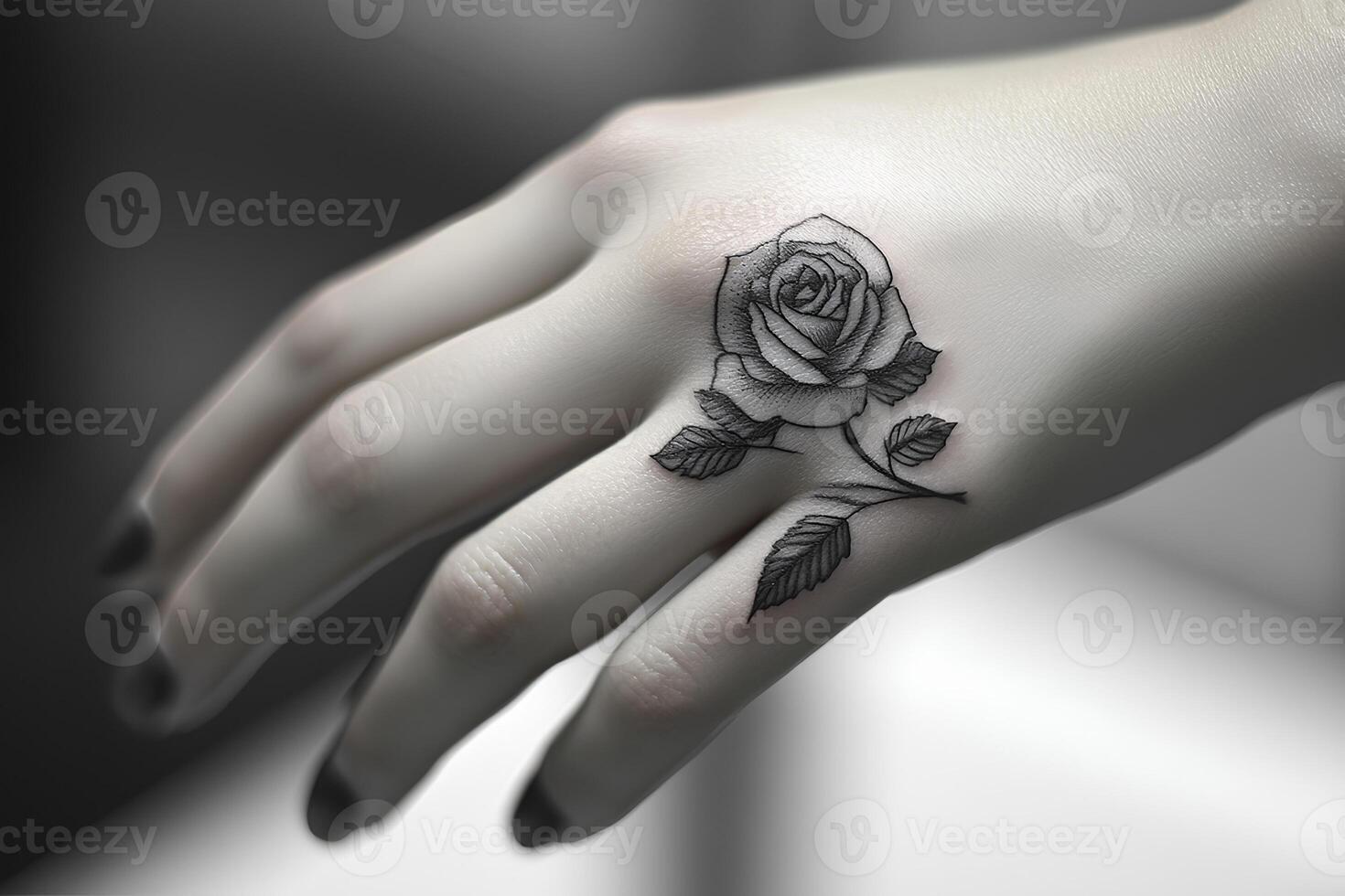 A detailed close-up of a female hand adorned with a beautiful rose tattoo, showcasing intricate design and personal expression in a conceptual and artistic style photo