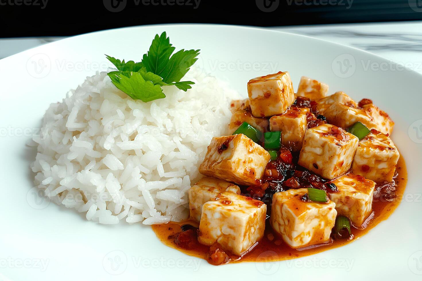 Delicious stir-fried tofu served with steamed rice on a white plate, a savory and healthy meal option photo
