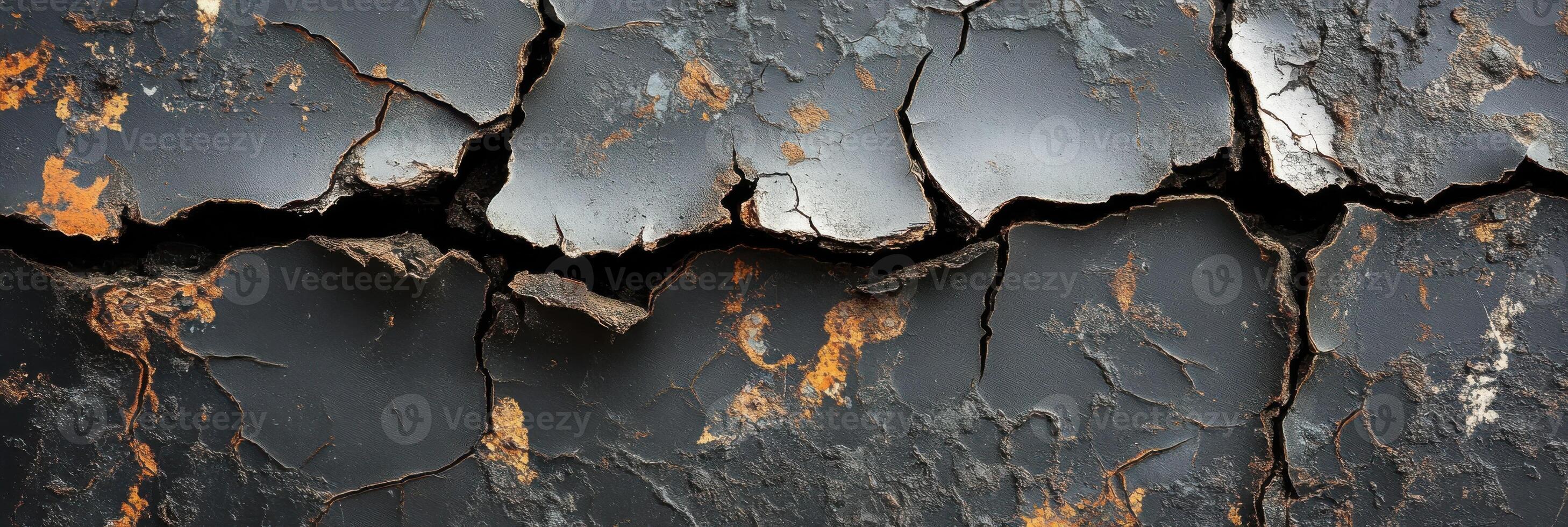 Close-up of cracked and weathered surface with exposed rust patterns photo