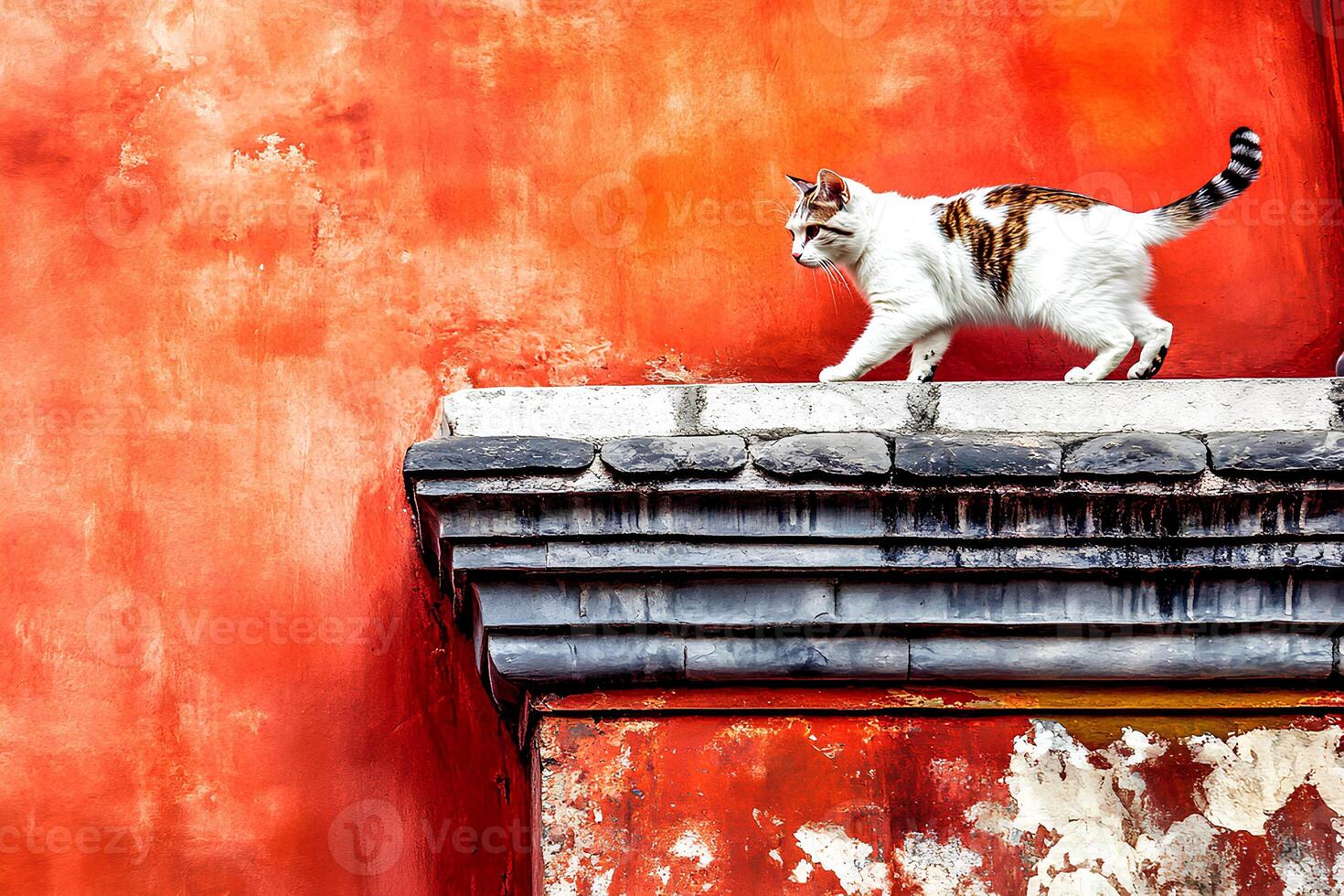 A tricolor cat sitting gracefully on the roof of an old house with a vibrant orange wall, creating a picturesque and charming scene full of warmth and character photo