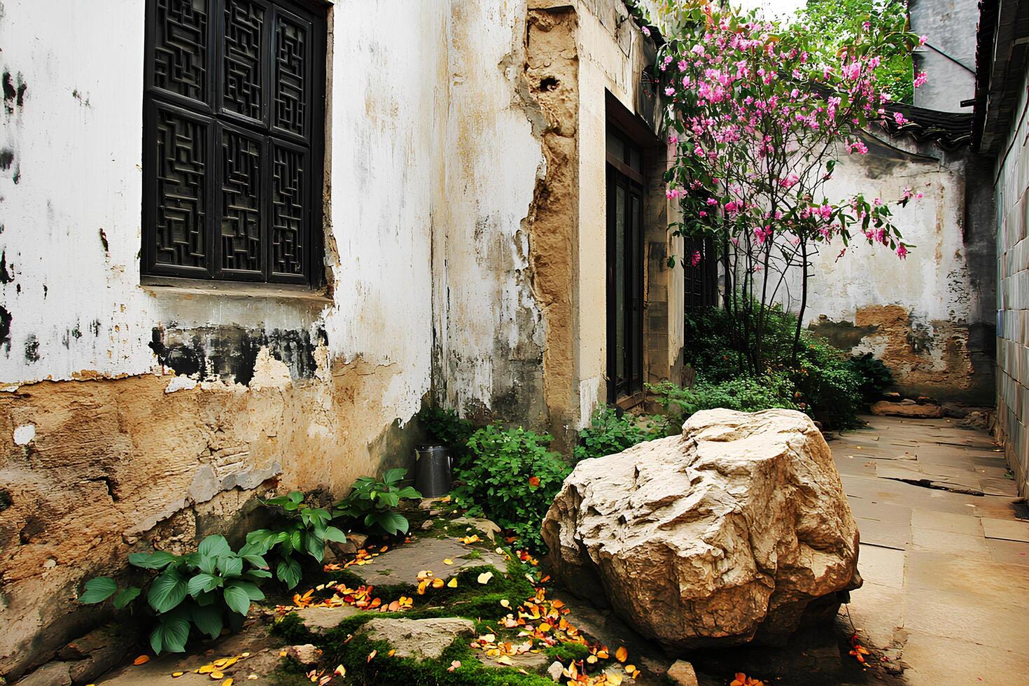 A serene garden scene in Hanoi, Vietnam, featuring smooth stones and vibrant flowers, capturing the natural beauty and tranquility of the Vietnamese landscape photo
