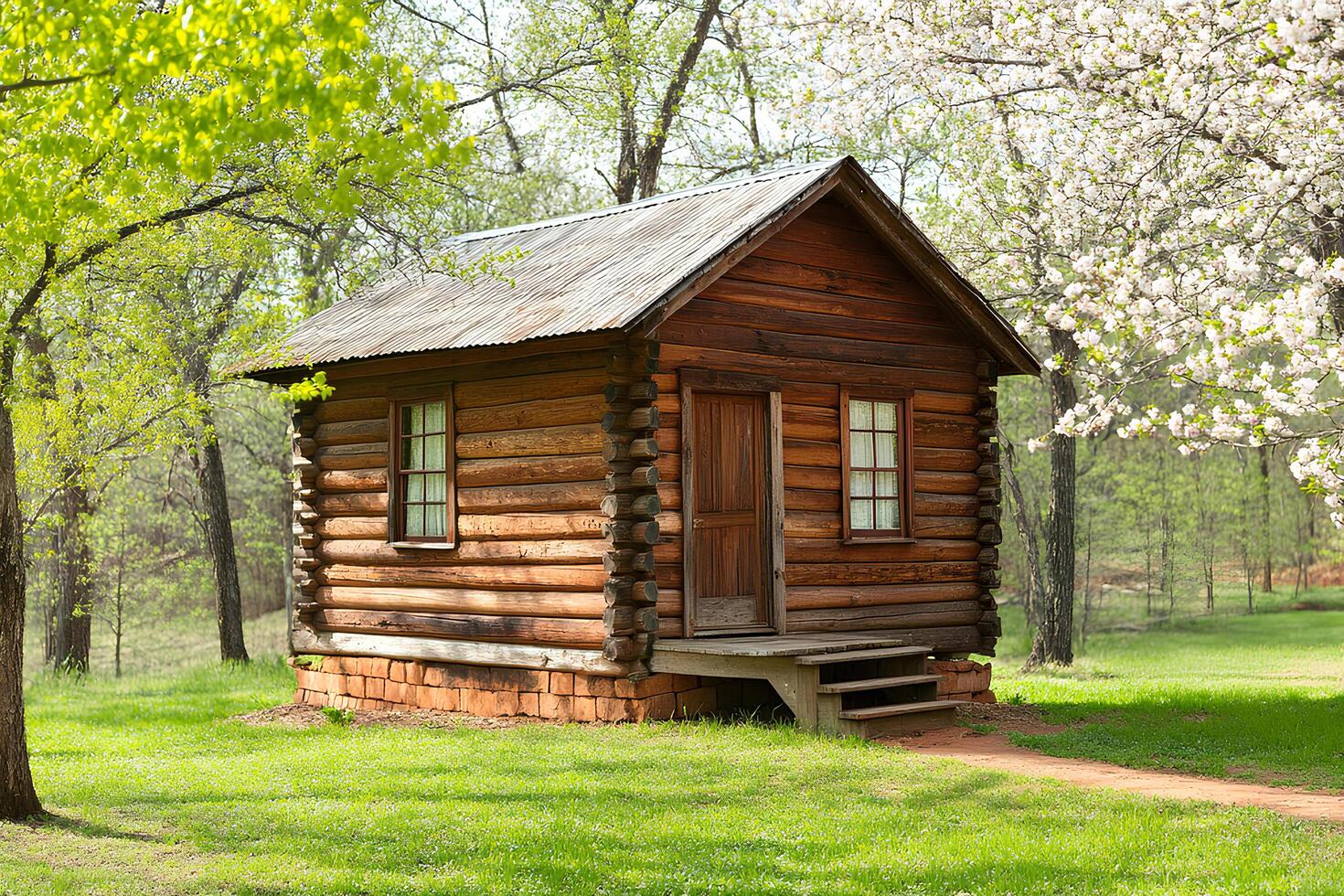 A charming wooden cottage nestled in a lush spring garden, surrounded by vibrant flowers and greenery, creating a peaceful park setting photo