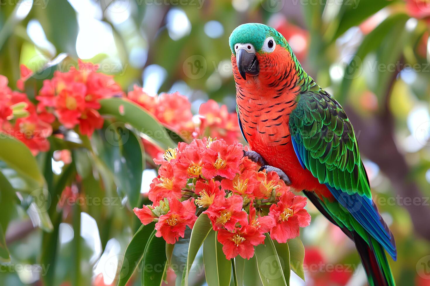 A vibrant, colorful parrot perched on a branch of a red flower, capturing the beauty of nature in a tropical setting photo
