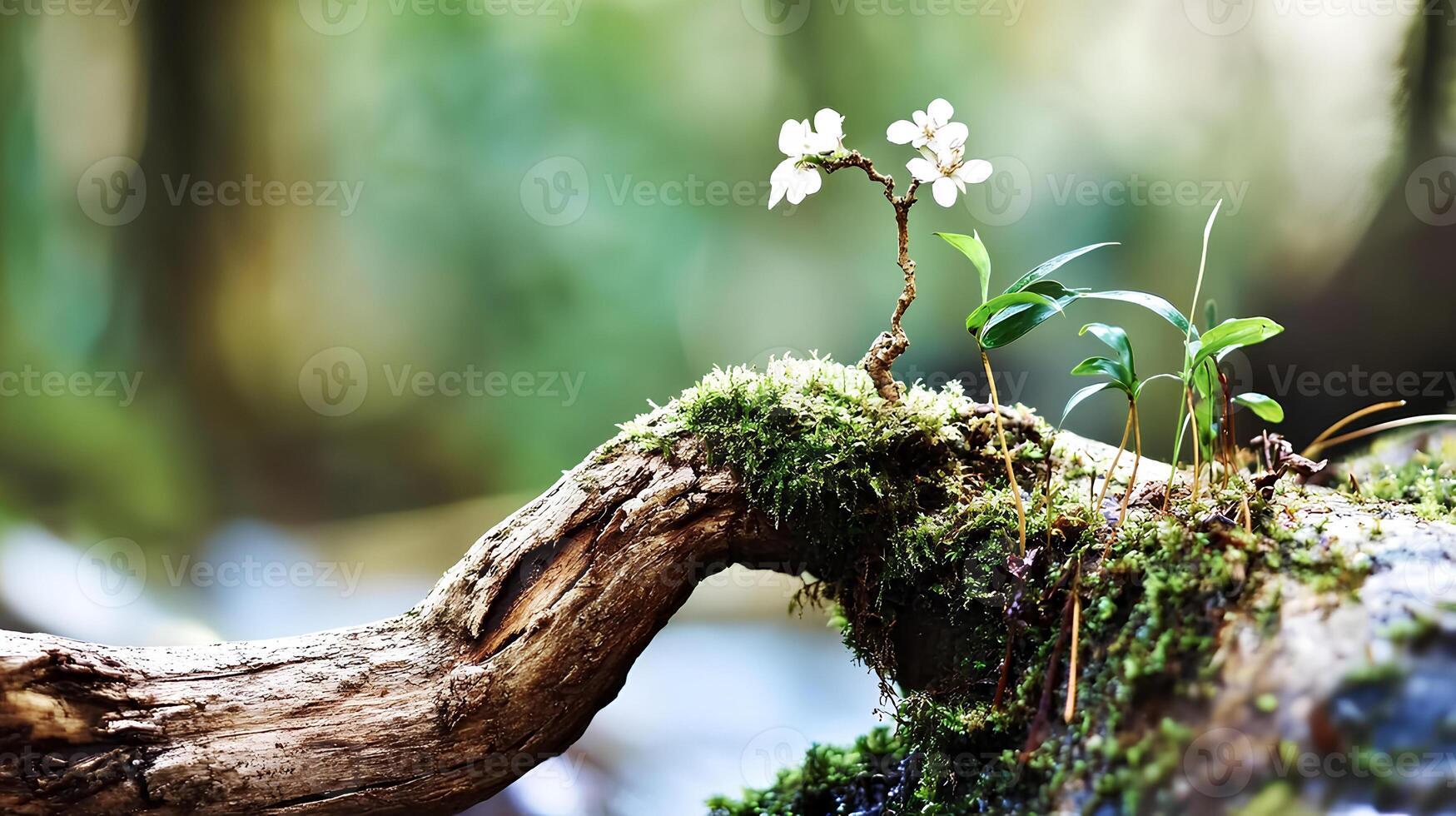A small tree sprouting on a moss-covered branch in a lush forest, highlighting the vibrant greenery and natural beauty of the forest environment photo