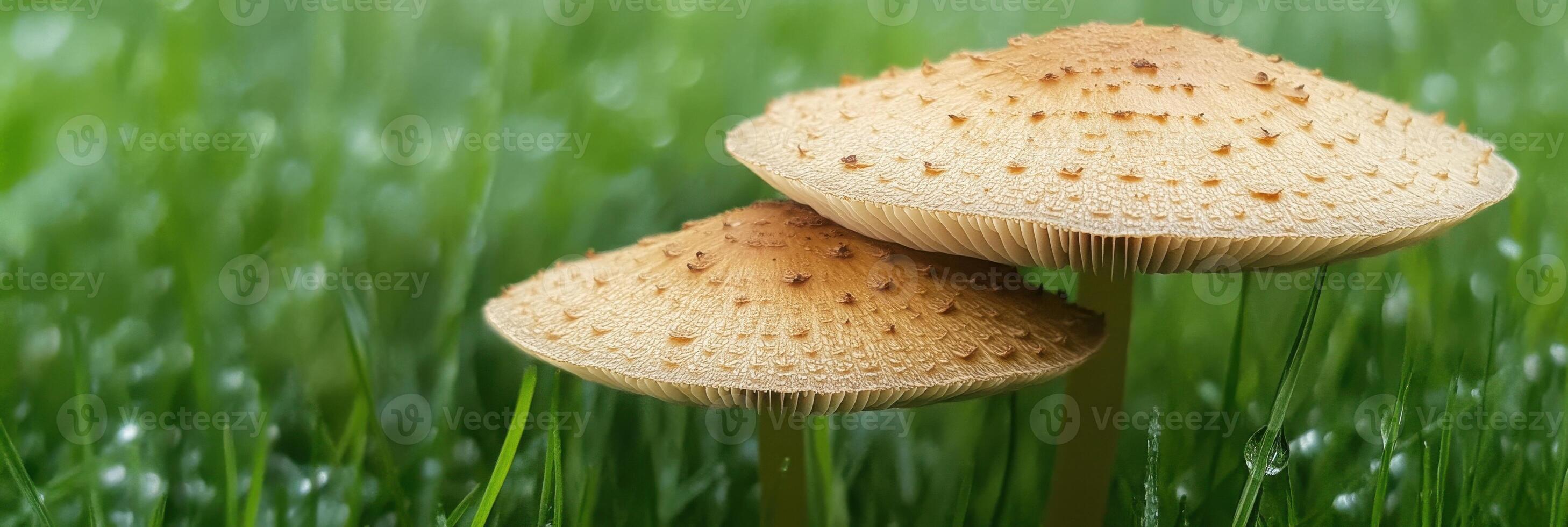 Close-up of two brown mushrooms on green grass with morning dew droplets photo