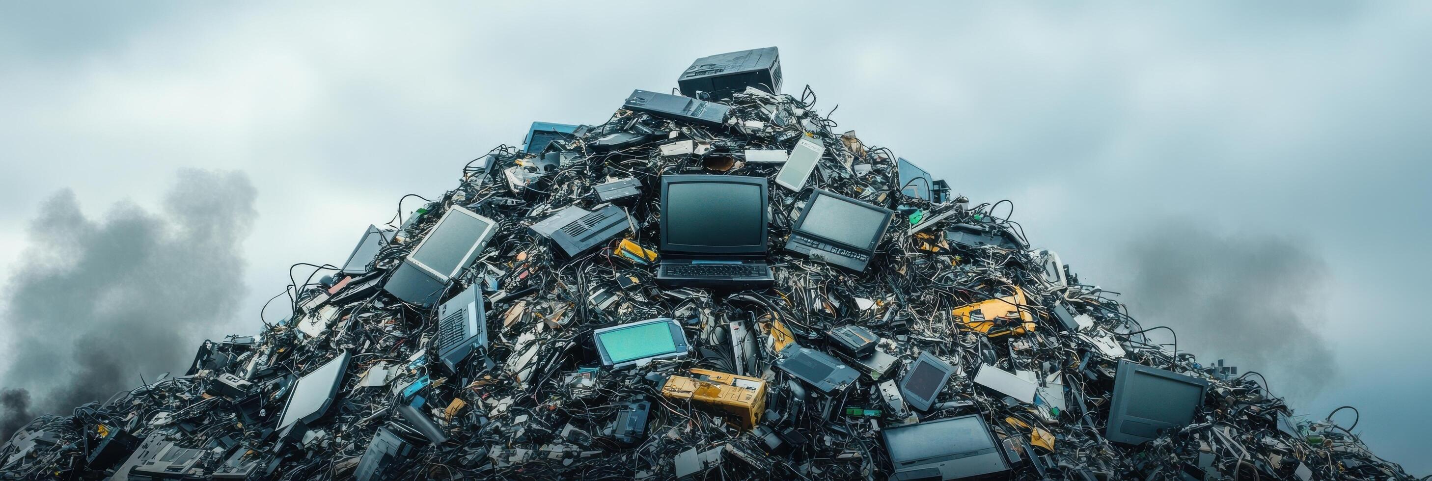 Pile of electronic waste featuring old devices and computing equipment photo