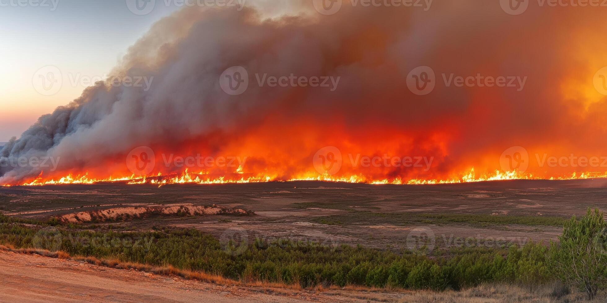 Large wildfire engulfing forested landscape with intense smoke clouds photo