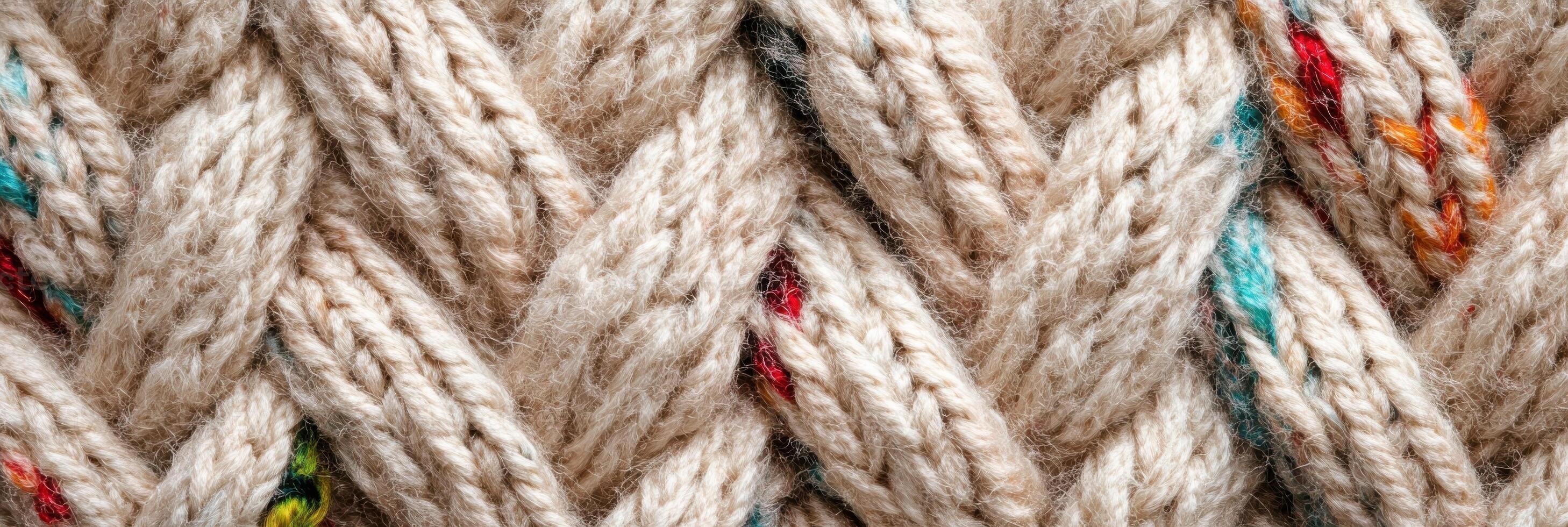 Close-up view of a knitted wool texture with color accents for warmth and craft photo
