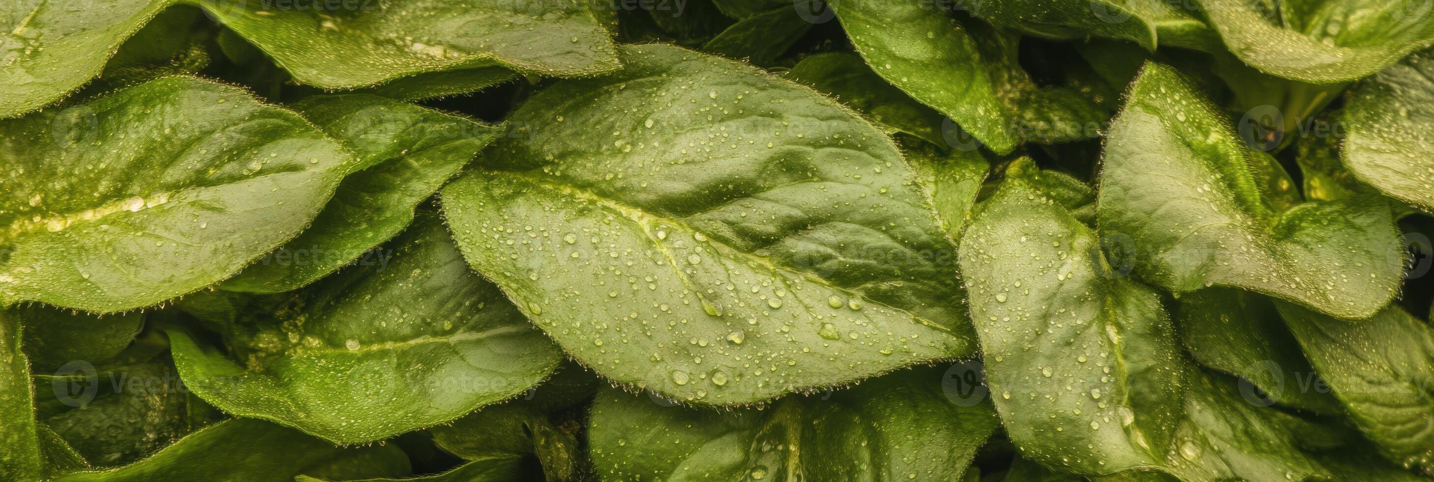 Close-up of fresh green spinach leaves with water droplets on surface photo